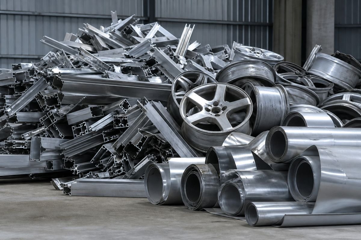 Stacked aluminium extrusions, sheet and alloy wheels in a warehouse
